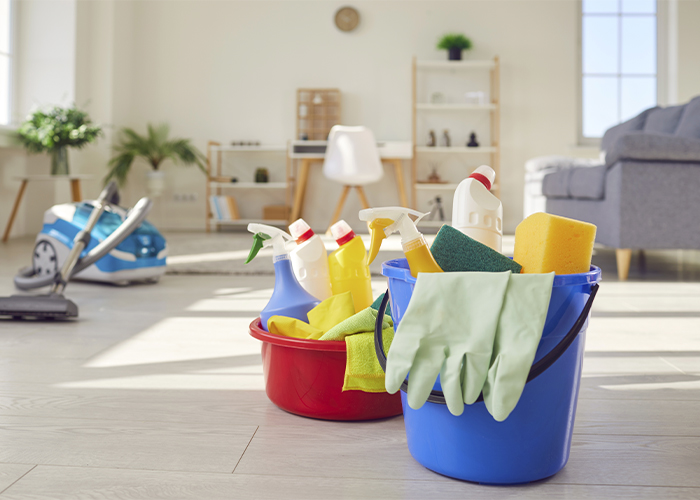 Cleaning buckets filled with supplies for professional residential and commercial cleaning services in Phoenix.